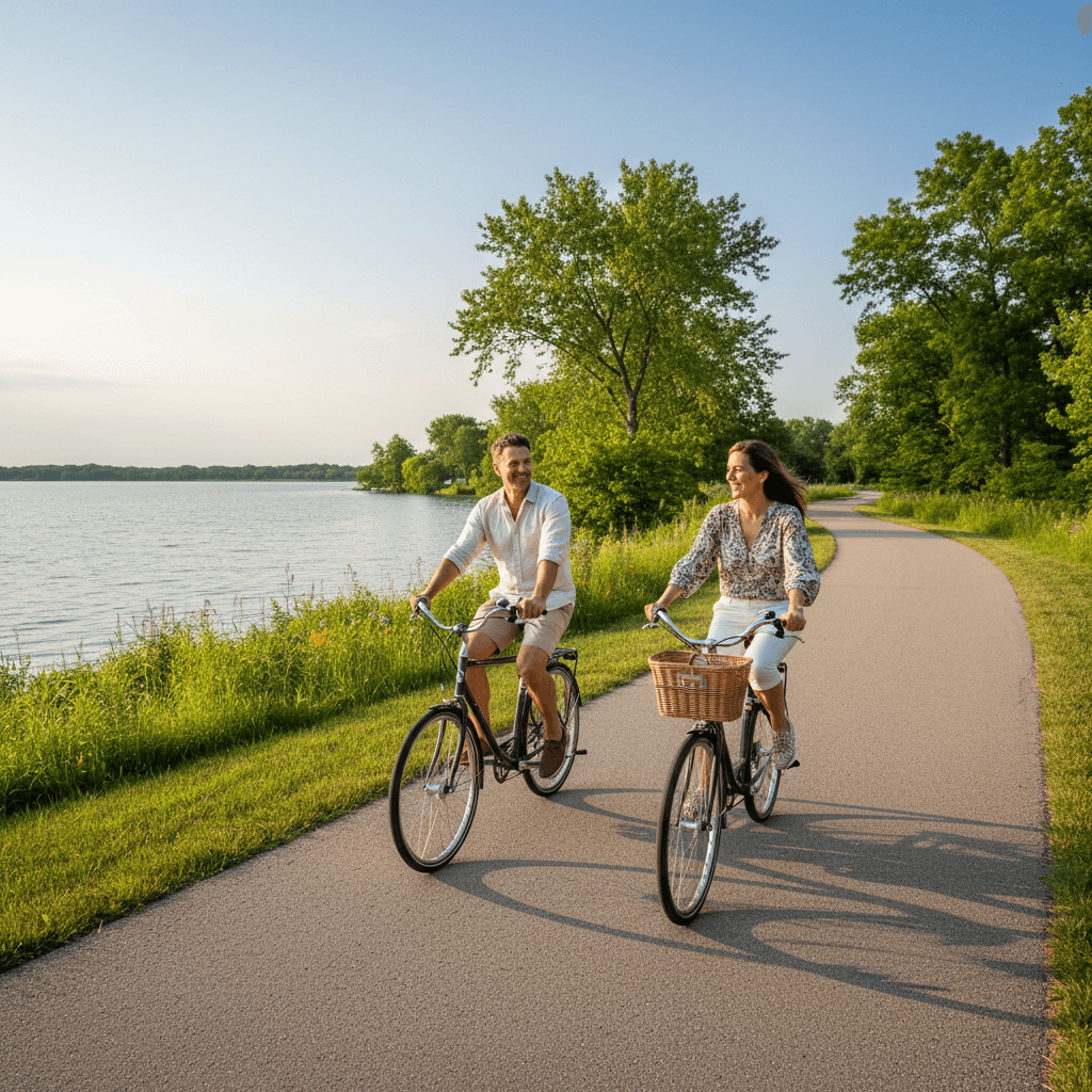 Couple biking on a scenic trail by a lake, surrounded by lush landscape