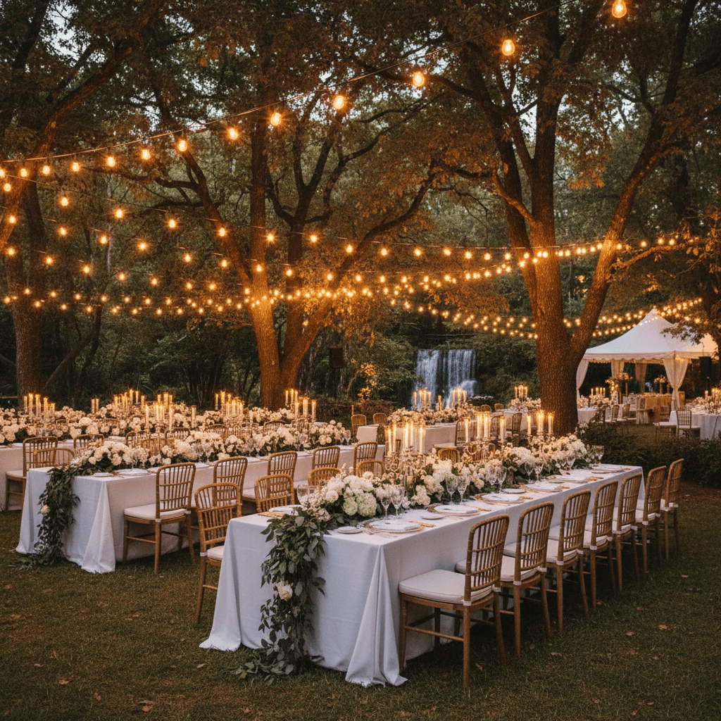 Elegant outdoor gathering with ambient lighting