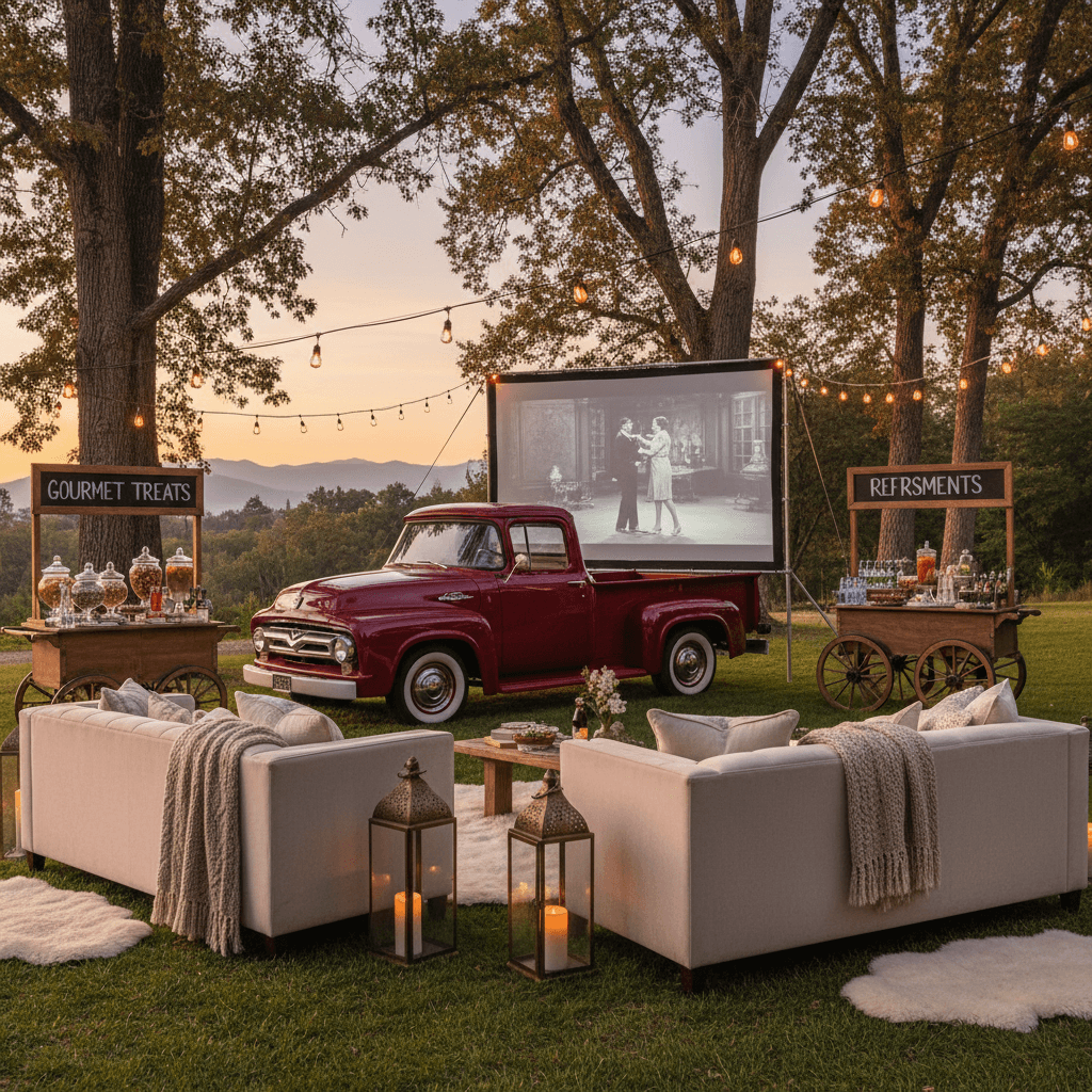 Outdoor movie night setup with pickup truck screen and luxury seating