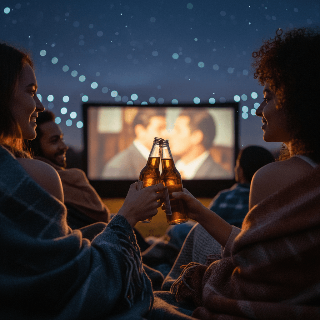 Outdoor movie night setup with projection screen and comfortable viewing area